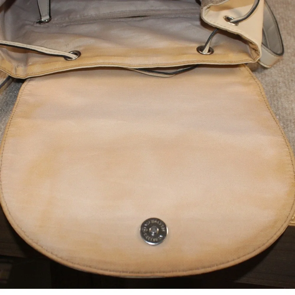 Sam Edelman Beige Quilted Faux Leather Drawstring Backpack Logo Flap Bag